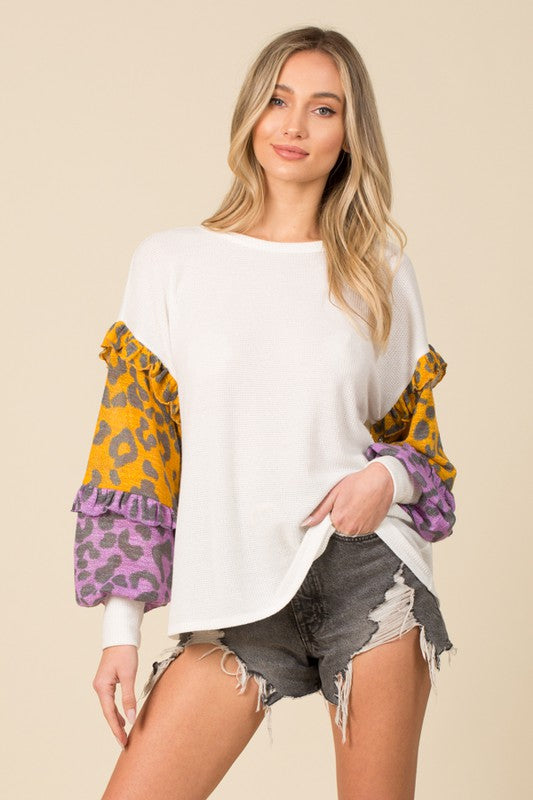 Leopard Contrast Sleeve Color Block Top