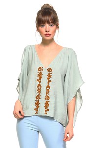 Sage Woven top with V-neckline