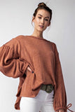 Two-tone HacciI Knit Loose Fit Pullover Top with Bubble Sleeve and Adjustable Cuff Tie
