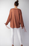 Two-tone HacciI Knit Loose Fit Pullover Top with Bubble Sleeve and Adjustable Cuff Tie